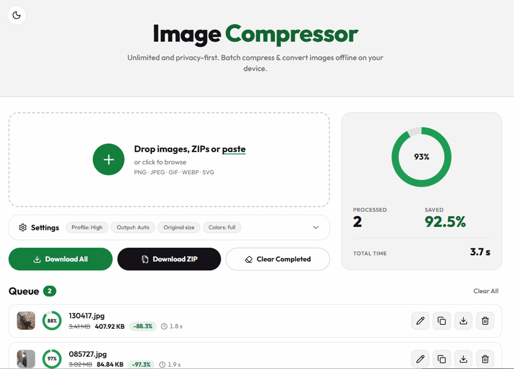 Image Compressor window with a queue of compressed images and a 93% size reduction summary